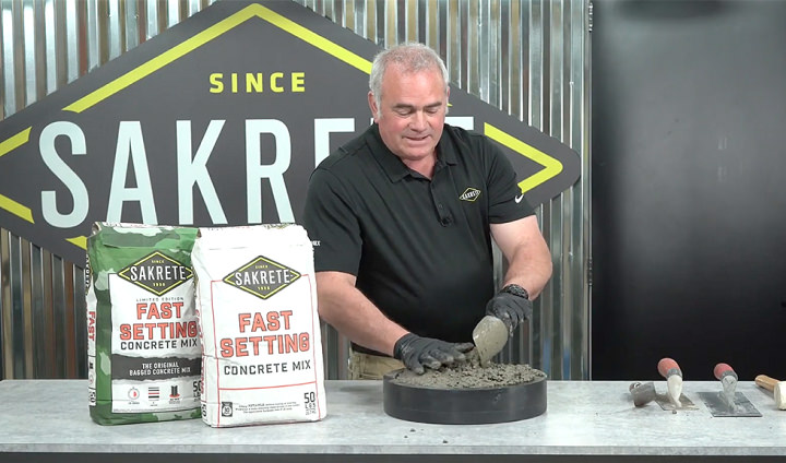 man using sakrete fast setting concrete mix